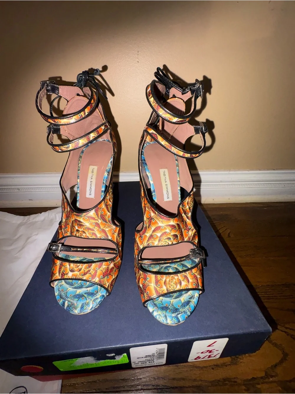 Tabitha Simmons Orange and Blue Patterned Strappy Heels